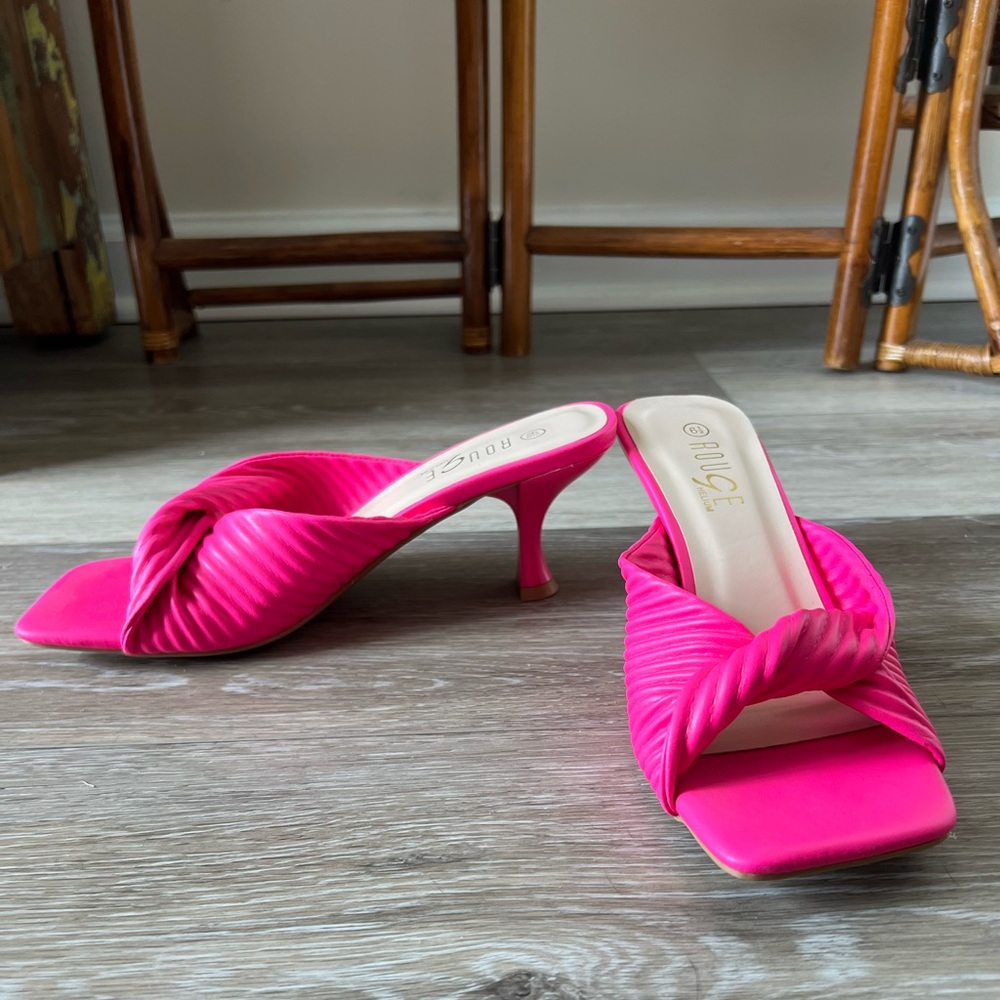 Neon Twist Strap Kitten Heel Mules